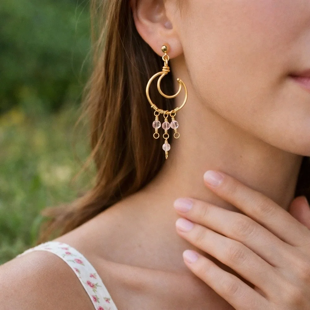 Strawberry Quartz Moon Earrings - Picture 2 of 2